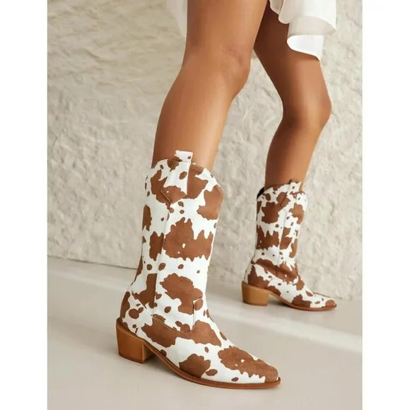Kinyahoe Cowboy Boots Women Brown Polyurethane Mid Calf Cowgirl Western Boots