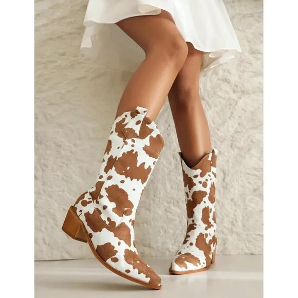 Kinyahoe Cowboy Boots Women Brown Polyurethane Mid Calf Cowgirl Western Boots