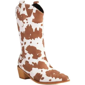 Kinyahoe Cowboy Boots Women Brown Polyurethane Mid Calf Cowgirl Western Boots