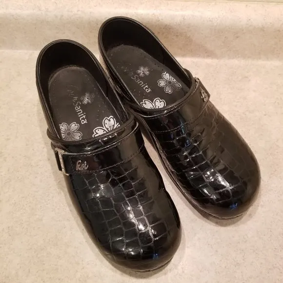 Koi Sanita 41 Black Patent Leather Croc Animal Print Clogs Slip On 10.5 11 Comfo