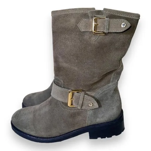Kurt Geiger Raymond Biker Mid Calf Boots Brown Suede/Gold Women's 7