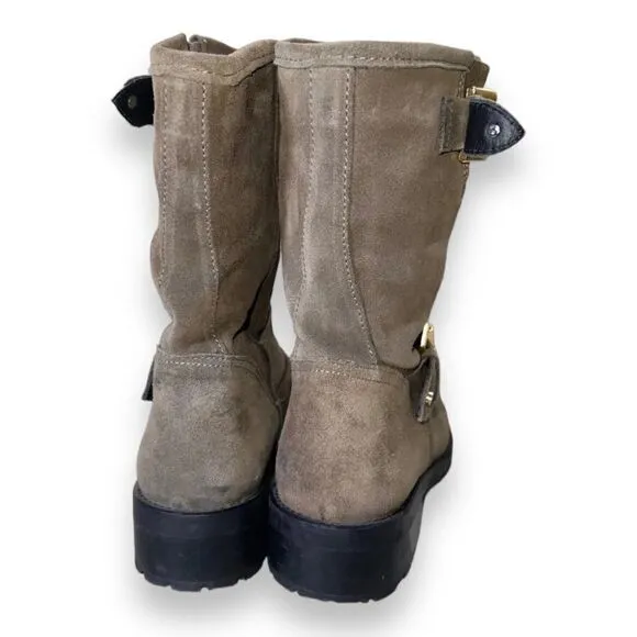 Kurt Geiger Raymond Biker Mid Calf Boots Brown Suede/Gold Women's 7