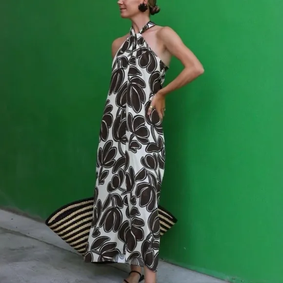 LA LIGNE Chantal Midi Silk Halter Dress Gown Ivory Brown Vacation Party