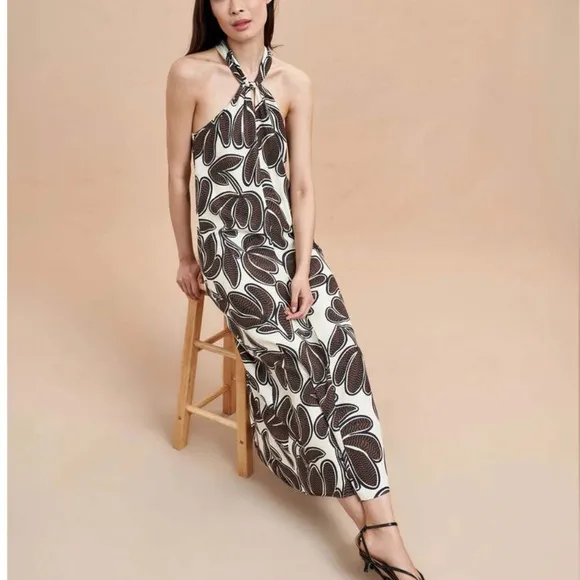 LA LIGNE Chantal Midi Silk Halter Dress Gown Ivory Brown Vacation Party