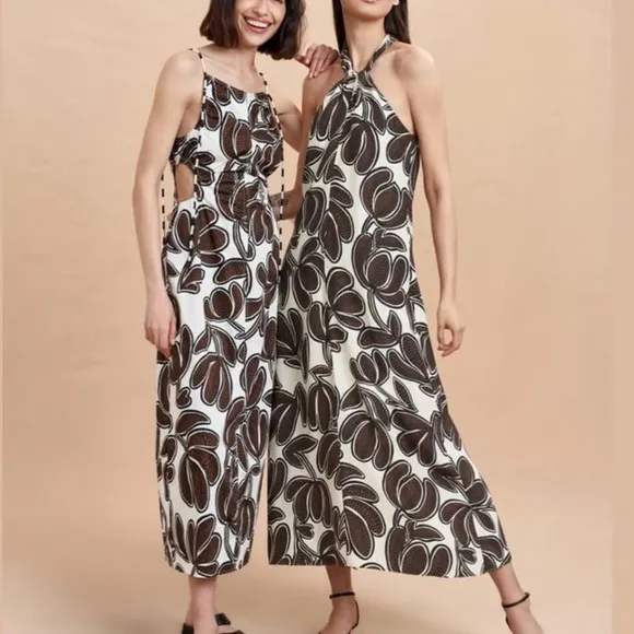 LA LIGNE Chantal Midi Silk Halter Dress Gown Ivory Brown Vacation Party