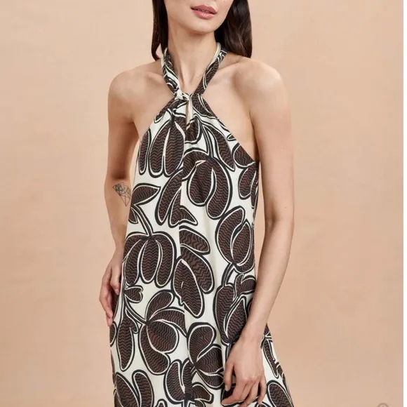 LA LIGNE Chantal Midi Silk Halter Dress Gown Ivory Brown Vacation Party