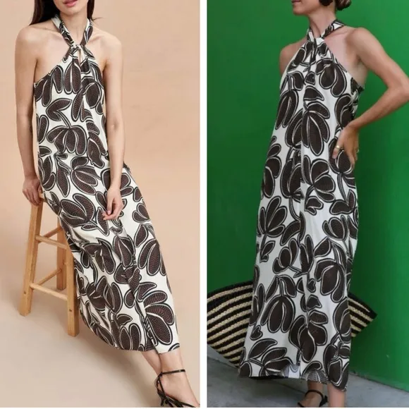 LA LIGNE Chantal Midi Silk Halter Dress Gown Ivory Brown Vacation Party