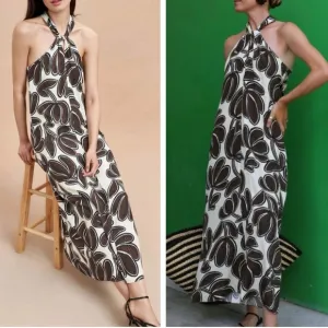 LA LIGNE Chantal Midi Silk Halter Dress Gown Ivory Brown Vacation Party
