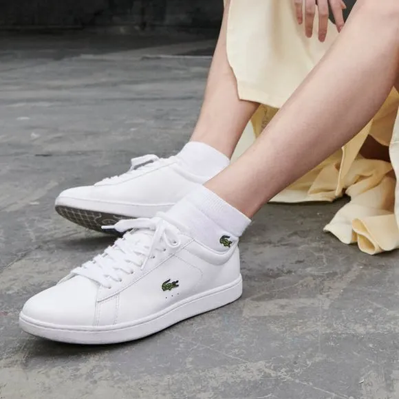 Lacoste Women's Straightset Leather White Leather Sneakers Silver Lace Comfort
