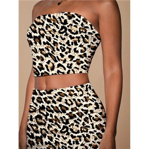 Ladies' Slim Fit Animal Print Strapless Midi Dress Set, Autumn Holiday Style