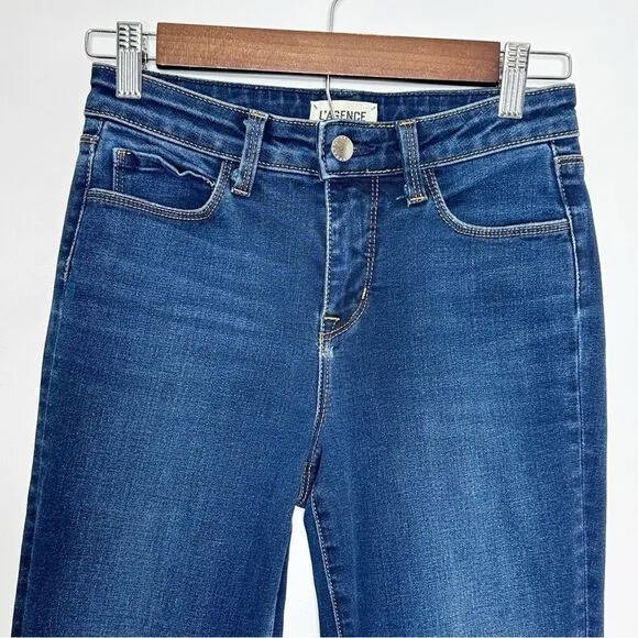 L’AGENCE Mid Rise Cropped Baby Flare Raw Hem Jeans in Tru Blu Size 24
