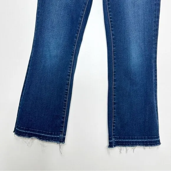 L’AGENCE Mid Rise Cropped Baby Flare Raw Hem Jeans in Tru Blu Size 24