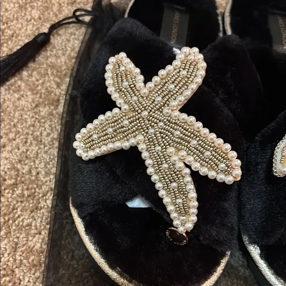 Laines London Fluffy Black and Gold Embellished Women's Slippers