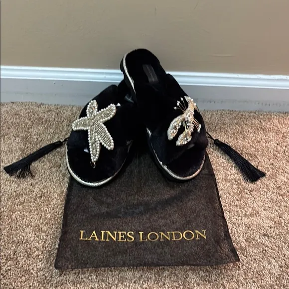 Laines London Fluffy Black and Gold Embellished Women's Slippers