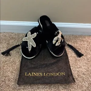 Laines London Fluffy Black and Gold Embellished Women's Slippers