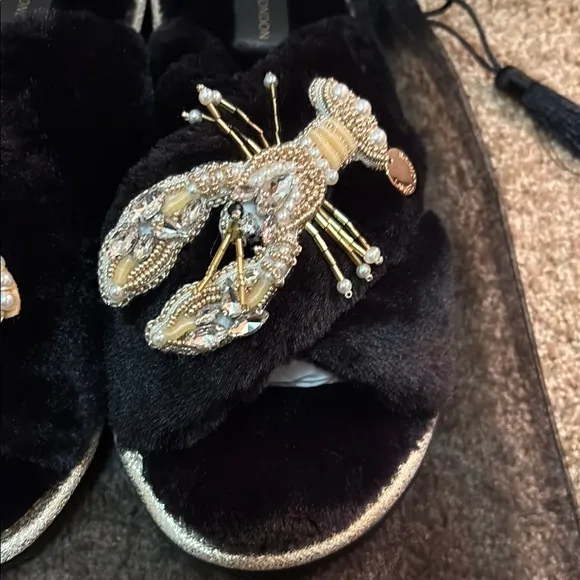 Laines London Fluffy Black and Gold Embellished Women's Slippers