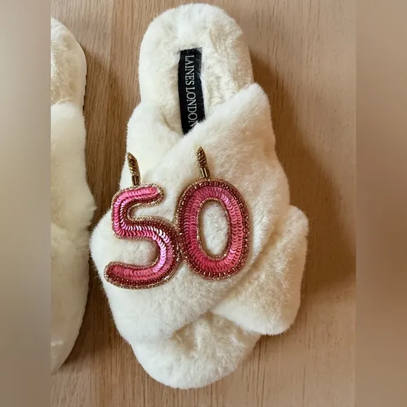 Laines of London White Fur Slippers 50th Birthday Champagne Glass Brooches SMALL