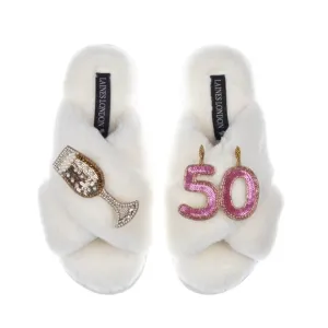 Laines of London White Fur Slippers 50th Birthday Champagne Glass Brooches SMALL
