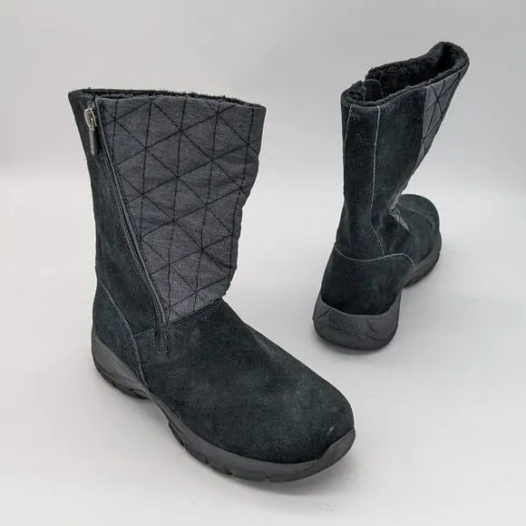 Lands' End Women's Black Quilted Suede All Weather Mid-calf Side Zip Boot Size 8
