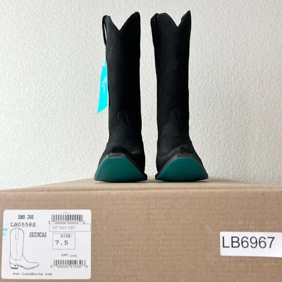 Lane EMMA JANE Womens Cowboy Boots 7.5 Black Suede Western Cowgirl Mid Calf