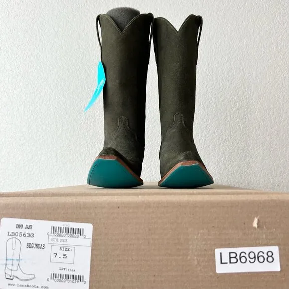 Lane EMMA JANE Womens Cowboy Boots 7.5 Green Suede Western Cowgirl Mid Calf