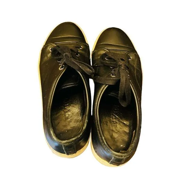 Lanvin Paris Classic Jet Black Leather Cap Toe Low-Top Sneakers Shoes size 7