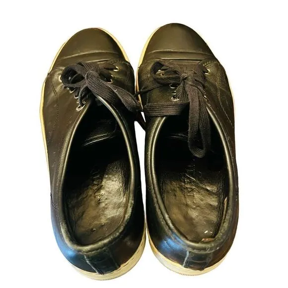 Lanvin Paris Classic Jet Black Leather Cap Toe Low-Top Sneakers Shoes size 7