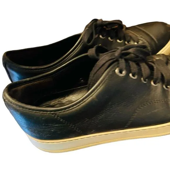 Lanvin Paris Classic Jet Black Leather Cap Toe Low-Top Sneakers Shoes size 7