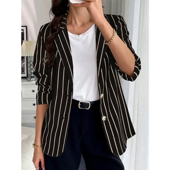 Lapel Striped Slim-Fit  Casual Trendy Blazer black