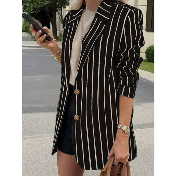 Lapel Striped Slim-Fit  Casual Trendy Blazer black