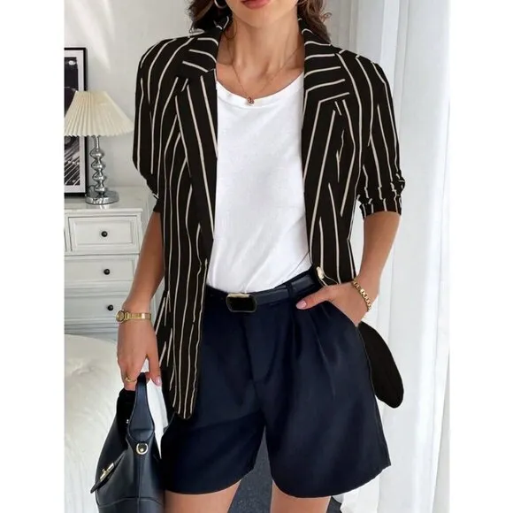 Lapel Striped Slim-Fit  Casual Trendy Blazer black