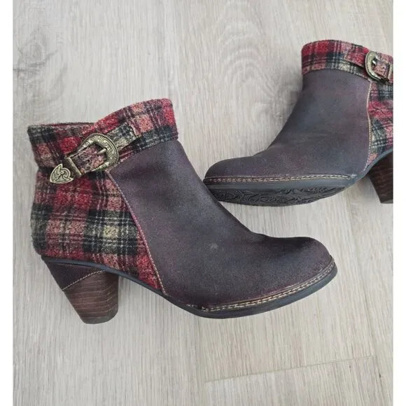 L'artiste Spring Step Scottala Burgundy Red Leather Zip Plaid Ankle Boots 39 8.5