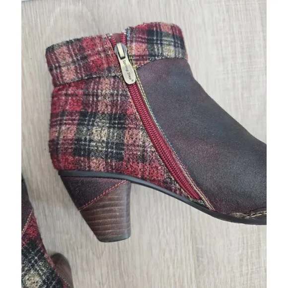 L'artiste Spring Step Scottala Burgundy Red Leather Zip Plaid Ankle Boots 39 8.5