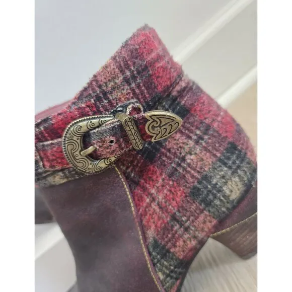 L'artiste Spring Step Scottala Burgundy Red Leather Zip Plaid Ankle Boots 39 8.5