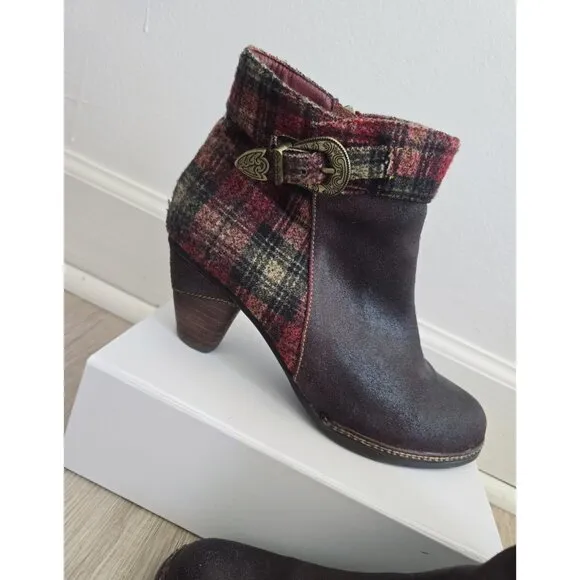 L'artiste Spring Step Scottala Burgundy Red Leather Zip Plaid Ankle Boots 39 8.5