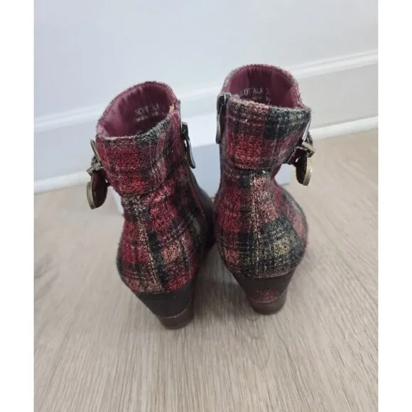L'artiste Spring Step Scottala Burgundy Red Leather Zip Plaid Ankle Boots 39 8.5