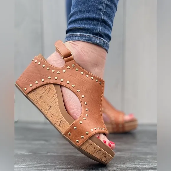 Last 1! Corkys Footwear Carley Wedge Sandal in Cognac Brown with Gold Studs Trim