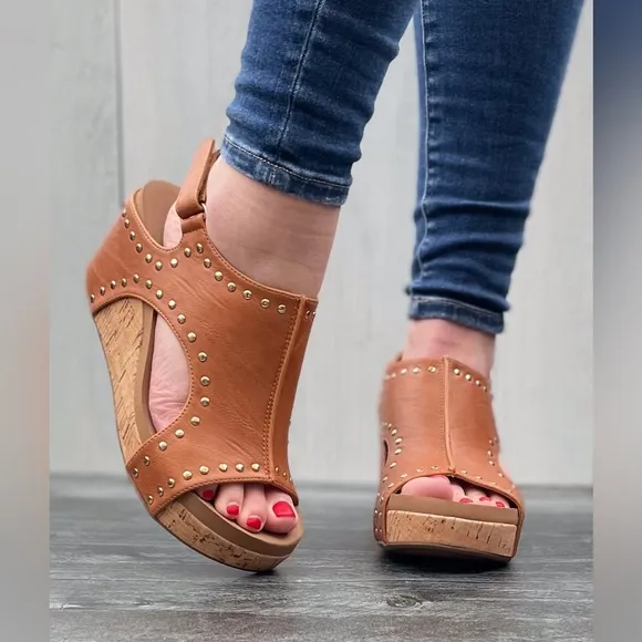 Last 1! Corkys Footwear Carley Wedge Sandal in Cognac Brown with Gold Studs Trim