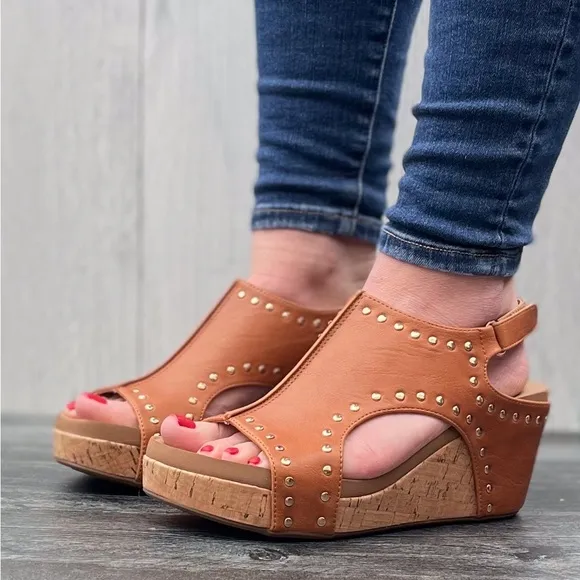 Last 1! Corkys Footwear Carley Wedge Sandal in Cognac Brown with Gold Studs Trim