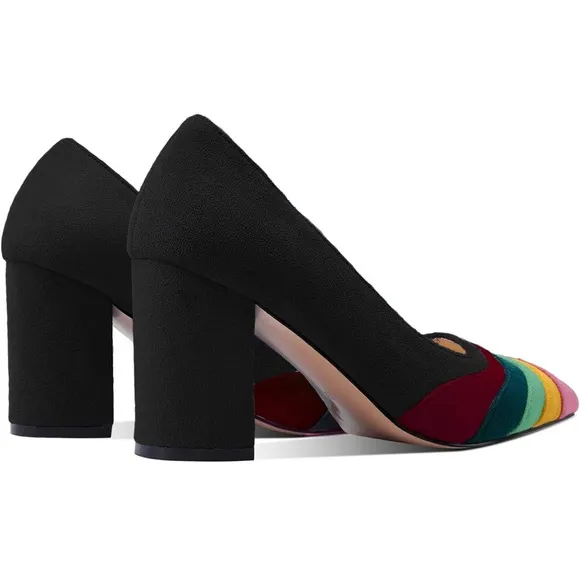 LEHOOR Women Rainbow Chunky Heel Pumps Pointed Toe Suede Multicolor High Heel