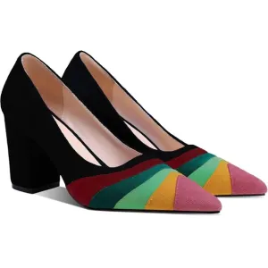 LEHOOR Women Rainbow Chunky Heel Pumps Pointed Toe Suede Multicolor High Heel