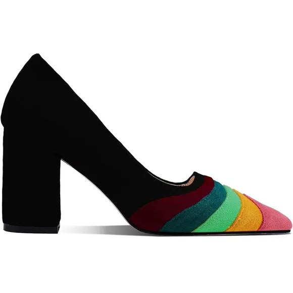 LEHOOR Women Rainbow Chunky Heel Pumps Pointed Toe Suede Multicolor High Heel