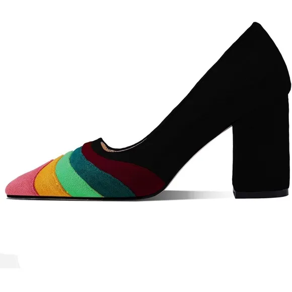 LEHOOR Women Rainbow Chunky Heel Pumps Pointed Toe Suede Multicolor High Heel