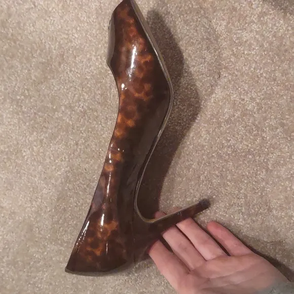 Leopard, tortoise brown patent shoes, banana Republic peep toe heel shoes, 10