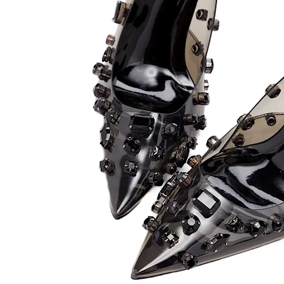 light smoke Good American diamonds forever stiletto pump | black jeweled heels