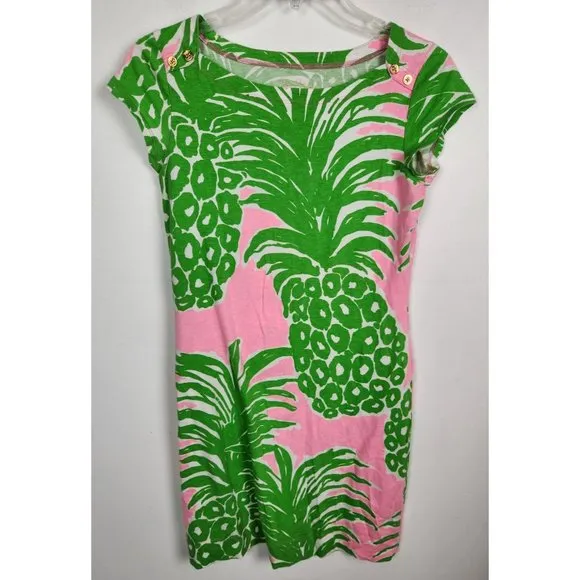 Lilly Pulitzer Women's Sz. XS Loren Pink &amp; Green Pineapple Dress Boatneck