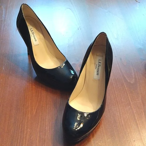 L.K. BENNETT Patent Leather Stiletto Heels, Size 36 US (5.5-6), Black/Ta…