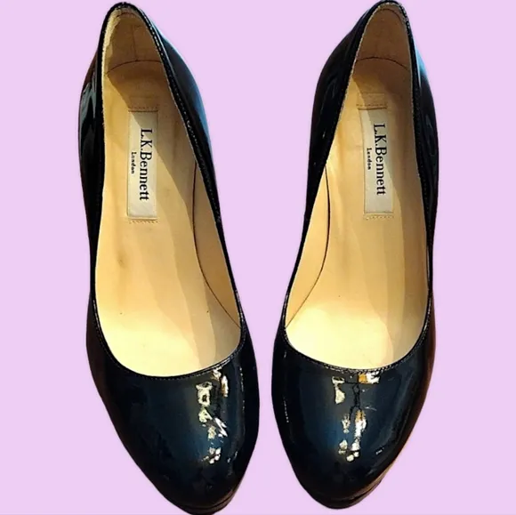 L.K. BENNETT Patent Leather Stiletto Heels, Size 36 US (5.5-6), Black/Ta…