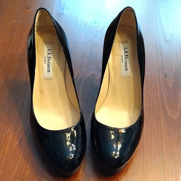 L.K. BENNETT Patent Leather Stiletto Heels, Size 36 US (5.5-6), Black/Ta…