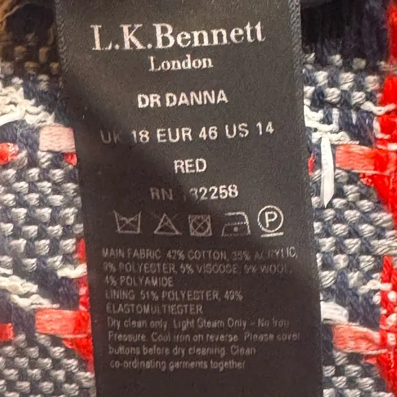L.K.Bennett Danna Tweed Mix Mini Dress, Red/Multi. Size 14